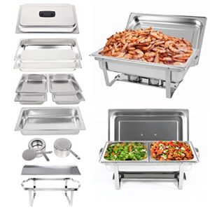 restlrious chafing dish buffet set stainless steel 8 qt foldable rectangular chafers and buffet warmers sets 2 pack w/ 4 half size & 2 full size food pans & water pan for catering event party banquet