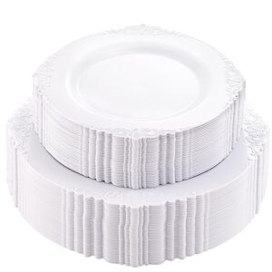 morejoy 100pcs white plastic plates - white disposable plates - include 50 pieces 10.25 inch dinner plates & 50pieces 7.5 inch dessert plates - perfect for weddings & thanksgiving & christmas