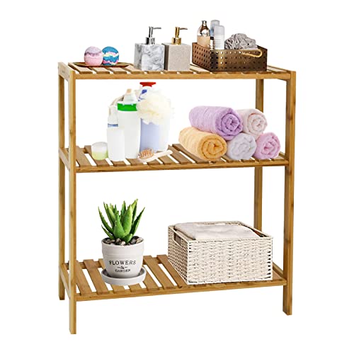 KINTNESS 3-Tier Bamboo Bathroom Shelf, Stand Utility Storage Shelf Free Standing Multifunctional Storage Rack Organizer (3 Tier) …