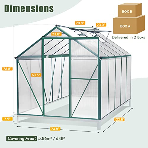 Upgraded 6.2' x 10.2' Hobby Polycarbonate Greenhouse Kits: w/Sliding Door, 2 Vent Window, Raised Base and Anchor Aluminum Heavy Duty Walk-in Greenhouses for Outdoor Backyard in All Season