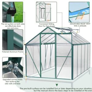 Upgraded 6.2' x 10.2' Hobby Polycarbonate Greenhouse Kits: w/Sliding Door, 2 Vent Window, Raised Base and Anchor Aluminum Heavy Duty Walk-in Greenhouses for Outdoor Backyard in All Season