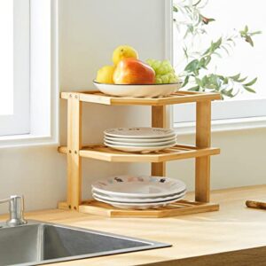 Apicizon Kitchen Corner Shelf, Plate Organizer for Cabinet, Bambo Corner Cabinet Shelf 3 Tier Kitchen Pantry Wall Mount Kitchen Storage Shelves Organizer, Natural