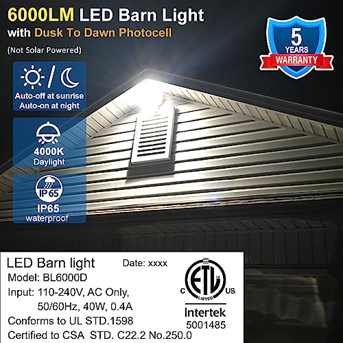 Owleye 6000LM Dusk to Dawn Outdoor Lighting LED Barn Light Security Lights, 42W 4000K Daylight, AC 110-240V, Waterproof Outside Lights for Yard Warehouse Garage