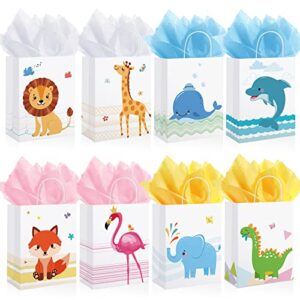 8 pcs 11 inch paper gift bags baby gift wrapping animals paper bag with tissue papers, flamingos, whales, giraffes, elephant, dinosaur, dolphin, lion for kids birthdays or baby showers