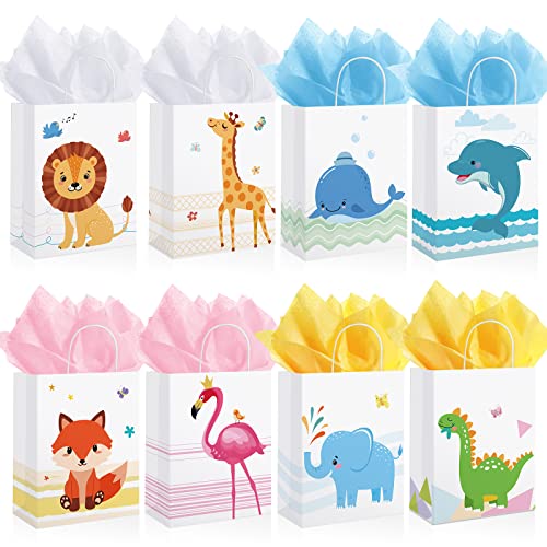 8 Pcs 11 Inch Paper Gift Bags Baby Gift Wrapping Animals Paper Bag with Tissue Papers, Flamingos, Whales, Giraffes, Elephant, Dinosaur, Dolphin, Lion for Kids Birthdays or Baby Showers