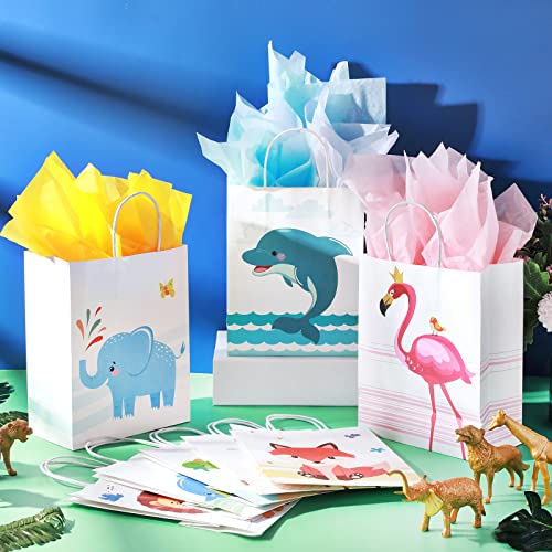 8 Pcs 11 Inch Paper Gift Bags Baby Gift Wrapping Animals Paper Bag with Tissue Papers, Flamingos, Whales, Giraffes, Elephant, Dinosaur, Dolphin, Lion for Kids Birthdays or Baby Showers