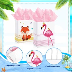 8 Pcs 11 Inch Paper Gift Bags Baby Gift Wrapping Animals Paper Bag with Tissue Papers, Flamingos, Whales, Giraffes, Elephant, Dinosaur, Dolphin, Lion for Kids Birthdays or Baby Showers
