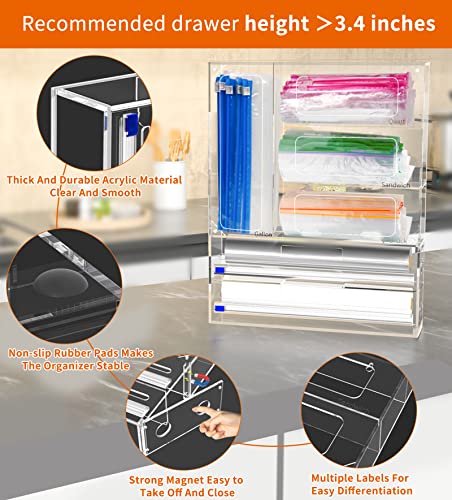 PILIPILI Acrylic 6 IN 1 Foil And Plastic Wrap Dispenser With Bag Storage Organizer for Kitchen Drawer, Food Storage Bag Holder, Compatible With Wrap, Foil, Gallon, Quart, Snack Bags