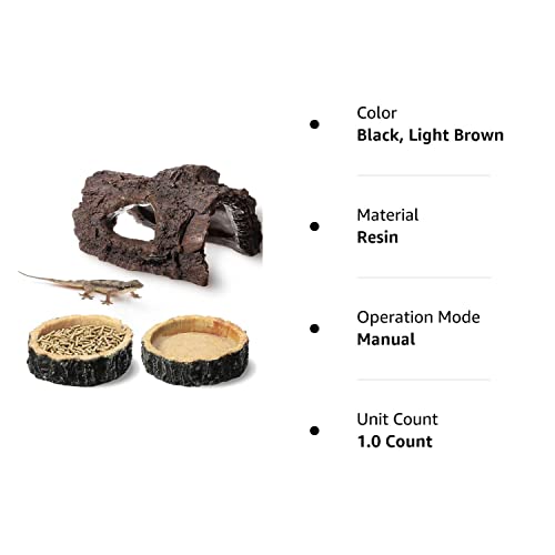 Reptile Hide, Reptile Food Bowls, Lizard Resin Hollow Tree Trunk Hideout, Bearded Dragon Tank Accessories Reptile Water Dish Habitat Tank Decoration for Lizards, Snake, Gecko, 3 Pcs (Brown Rock)