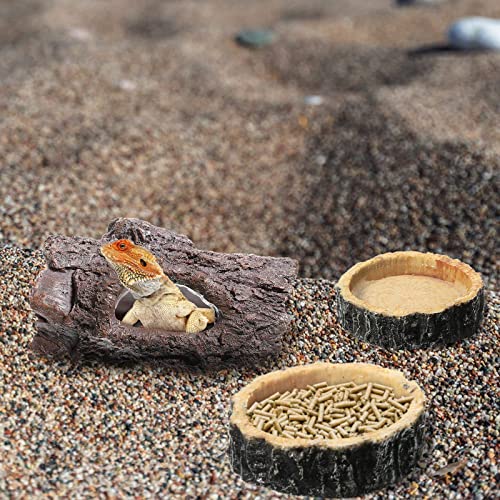 Reptile Hide, Reptile Food Bowls, Lizard Resin Hollow Tree Trunk Hideout, Bearded Dragon Tank Accessories Reptile Water Dish Habitat Tank Decoration for Lizards, Snake, Gecko, 3 Pcs (Brown Rock)