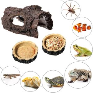 Reptile Hide, Reptile Food Bowls, Lizard Resin Hollow Tree Trunk Hideout, Bearded Dragon Tank Accessories Reptile Water Dish Habitat Tank Decoration for Lizards, Snake, Gecko, 3 Pcs (Brown Rock)