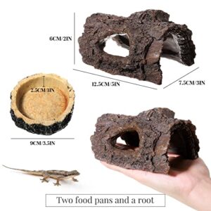 Reptile Hide, Reptile Food Bowls, Lizard Resin Hollow Tree Trunk Hideout, Bearded Dragon Tank Accessories Reptile Water Dish Habitat Tank Decoration for Lizards, Snake, Gecko, 3 Pcs (Brown Rock)