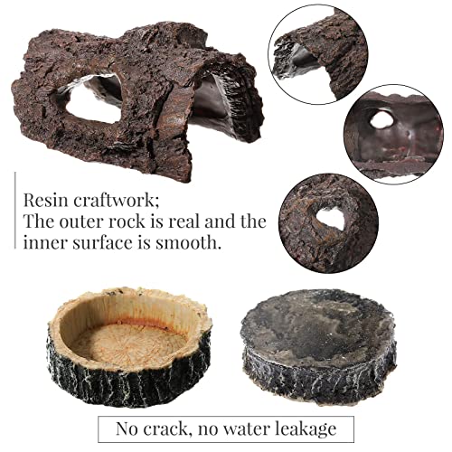 Reptile Hide, Reptile Food Bowls, Lizard Resin Hollow Tree Trunk Hideout, Bearded Dragon Tank Accessories Reptile Water Dish Habitat Tank Decoration for Lizards, Snake, Gecko, 3 Pcs (Brown Rock)