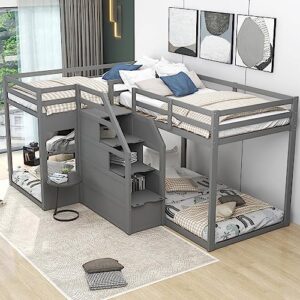 harper & bright designs l shaped bunk bed for 4, wood quad bunk bed with stairs, for kids teens adults (gray)