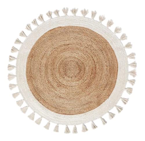 Round Jute Rugs Fringe Round Carpet Palm Hemp Rug Handmade Boho Hippie Natural Area Round Rug Wool Jute Rug Area Rug by Rugs HUT (White, 9x9 Feet)