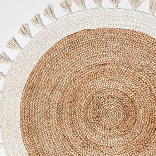 Round Jute Rugs Fringe Round Carpet Palm Hemp Rug Handmade Boho Hippie Natural Area Round Rug Wool Jute Rug Area Rug by Rugs HUT (White, 9x9 Feet)