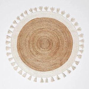 Round Jute Rugs Fringe Round Carpet Palm Hemp Rug Handmade Boho Hippie Natural Area Round Rug Wool Jute Rug Area Rug by Rugs HUT (White, 9x9 Feet)