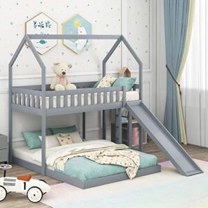 glorhome twin over full house bunk bed， detachable to floor bedframe and a loftbed, with slide, built-in ladder,full-length guardrail for kids adults,roof can be decorated