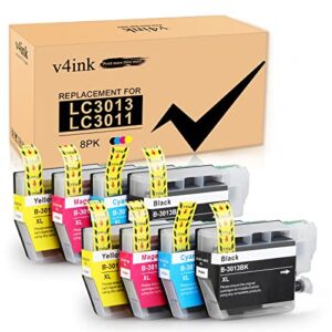 v4ink [new chip] lc3013 compatible replacement for brother 3013 lc3013 3011 lc3011 ink for brother mfc-j491dw mfc-j895dw mfc-j690dw mfc-j497dw printer(2 black / 2 cyan / 2 magenta / 2 yellow, 8 pack)