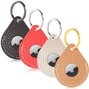 4 pack airtag holder leather case air tag cover keychain gps tracker remote finder key travel backpack pet locator, black,red,white,brown