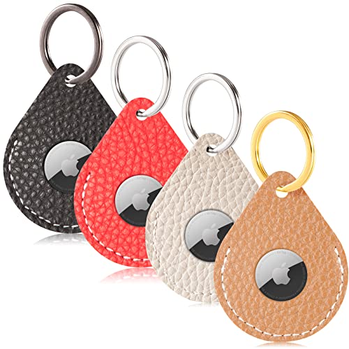 4 Pack Airtag Holder Leather Case Air Tag Cover Keychain GPS Tracker Remote Finder Key Travel Backpack Pet Locator, Black,Red,White,Brown