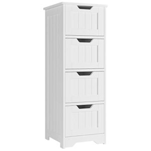 fotosok bathroom storage cabinet, side cabinet with 4 drawers, 11.8” x 11.8” x 32.5” freestanding bedside table entryway cupboard storage organizer unit home furniture decor, white