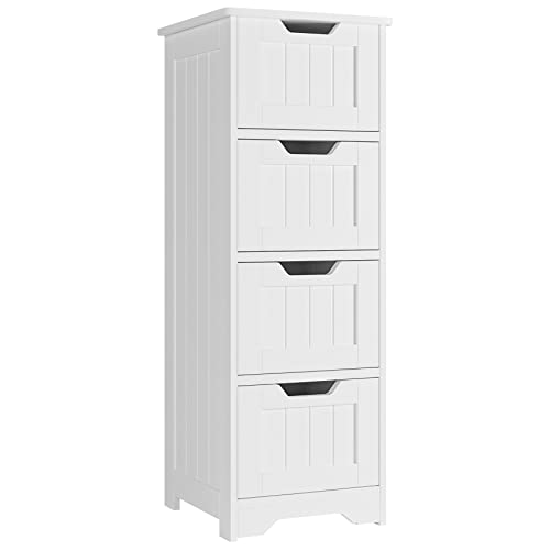 FOTOSOK Bathroom Storage Cabinet, Side Cabinet with 4 Drawers, 11.8” x 11.8” x 32.5” Freestanding Bedside Table Entryway Cupboard Storage Organizer Unit Home Furniture Decor, White