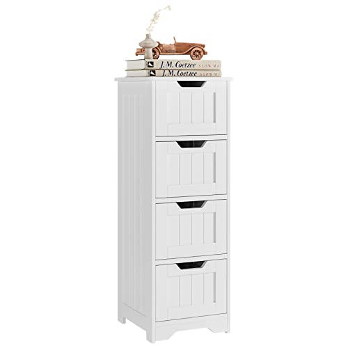 FOTOSOK Bathroom Storage Cabinet, Side Cabinet with 4 Drawers, 11.8” x 11.8” x 32.5” Freestanding Bedside Table Entryway Cupboard Storage Organizer Unit Home Furniture Decor, White