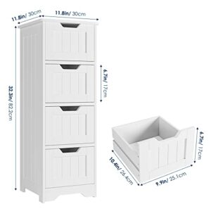 FOTOSOK Bathroom Storage Cabinet, Side Cabinet with 4 Drawers, 11.8” x 11.8” x 32.5” Freestanding Bedside Table Entryway Cupboard Storage Organizer Unit Home Furniture Decor, White