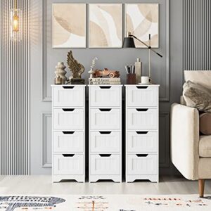 FOTOSOK Bathroom Storage Cabinet, Side Cabinet with 4 Drawers, 11.8” x 11.8” x 32.5” Freestanding Bedside Table Entryway Cupboard Storage Organizer Unit Home Furniture Decor, White