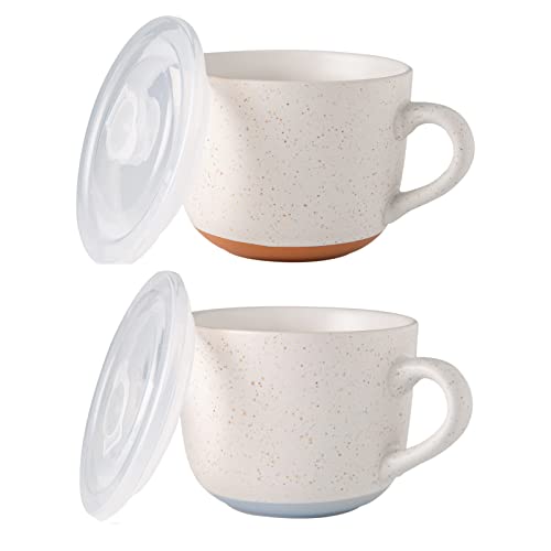 AmorArc Ceramic Soup Mugs with Lid, 24 oz Soup Cups with Hanlde for Coffee,Cereal,Salad,Noodles,Tea,Soup Bowls Cups,Microwave &Dishwasher Safe, Set of 2,Speckled Outside with Vented lid