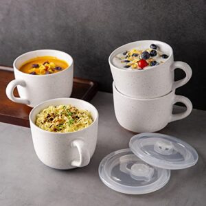 AmorArc Ceramic Soup Mugs with Lid, 24 oz Soup Cups with Hanlde for Coffee,Cereal,Salad,Noodles,Tea,Soup Bowls Cups,Microwave &Dishwasher Safe, Set of 2,Speckled Outside with Vented lid