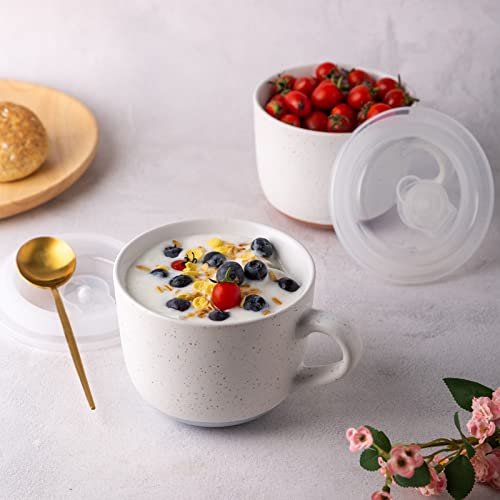 AmorArc Ceramic Soup Mugs with Lid, 24 oz Soup Cups with Hanlde for Coffee,Cereal,Salad,Noodles,Tea,Soup Bowls Cups,Microwave &Dishwasher Safe, Set of 2,Speckled Outside with Vented lid