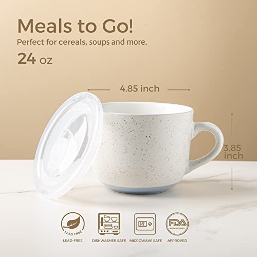 AmorArc Ceramic Soup Mugs with Lid, 24 oz Soup Cups with Hanlde for Coffee,Cereal,Salad,Noodles,Tea,Soup Bowls Cups,Microwave &Dishwasher Safe, Set of 2,Speckled Outside with Vented lid