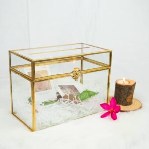 Gold Glass Card Box Wedding - Card Holder Wedding Box Gold Glass Wedding Envelope Box Rectangle Shape with Slot and Foot Perfect for Wedding Reception, Party Ceremony Centerpiece