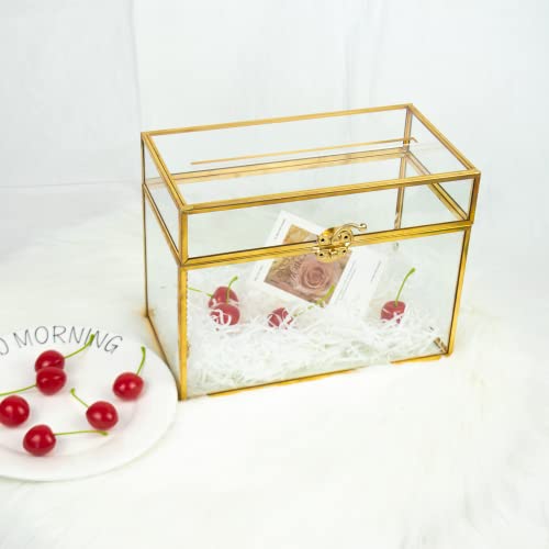 Gold Glass Card Box Wedding - Card Holder Wedding Box Gold Glass Wedding Envelope Box Rectangle Shape with Slot and Foot Perfect for Wedding Reception, Party Ceremony Centerpiece