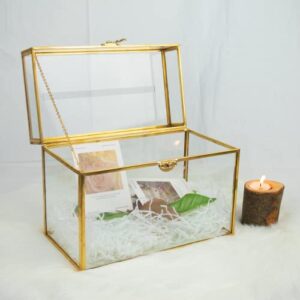 Gold Glass Card Box Wedding - Card Holder Wedding Box Gold Glass Wedding Envelope Box Rectangle Shape with Slot and Foot Perfect for Wedding Reception, Party Ceremony Centerpiece