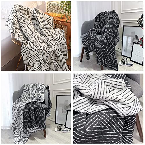 Queenshin 100% Cotton Black and White Geometric Knit Throw, Lightweight Cozy Fluffy Bed Sofa Knitted Blanket 50 * 70 Inch