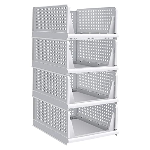 Runskkert 4 Pack Stackable Storage Bins, Plastic Storage Drawers for Clothes, Stackable Storage Drawers Closet Shelf Organizer, Closet Organizers and Storage (White, 4L)