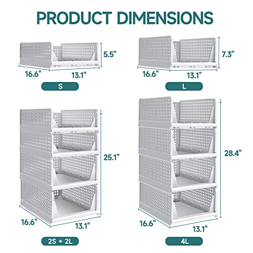 Runskkert 4 Pack Stackable Storage Bins, Plastic Storage Drawers for Clothes, Stackable Storage Drawers Closet Shelf Organizer, Closet Organizers and Storage (White, 4L)