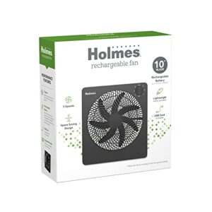 HOLMES 10" Personal Fan, Rechargeable Battery, 3 Speed Settings, Lightweight and Portable, USB Cable, Carrying Handle, Home and Office, Black Finish