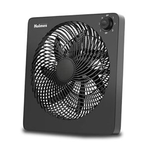 holmes 10" personal fan, rechargeable battery, 3 speed settings, lightweight and portable, usb cable, carrying handle, home and office, black finish