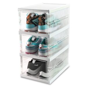 shoe storage box shoe box,drop front shoe organizer and containers for sneaker storage display,plastic stackable with clear door, easy and fast to assemble with large size(3 pack)