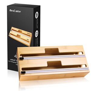 2 in 1 foil and plastic wrap organizer, bamboo packaging dispenser with cutter for kitchen foil, plastic wrap organizer, compatible with 12" rolls