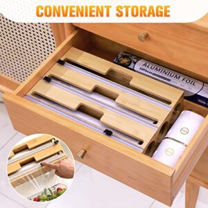 2 in 1 Foil and Plastic Wrap Organizer, Bamboo Packaging Dispenser with Cutter for Kitchen Foil, Plastic Wrap Organizer, Compatible with 12" Rolls