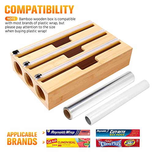 2 in 1 Foil and Plastic Wrap Organizer, Bamboo Packaging Dispenser with Cutter for Kitchen Foil, Plastic Wrap Organizer, Compatible with 12" Rolls