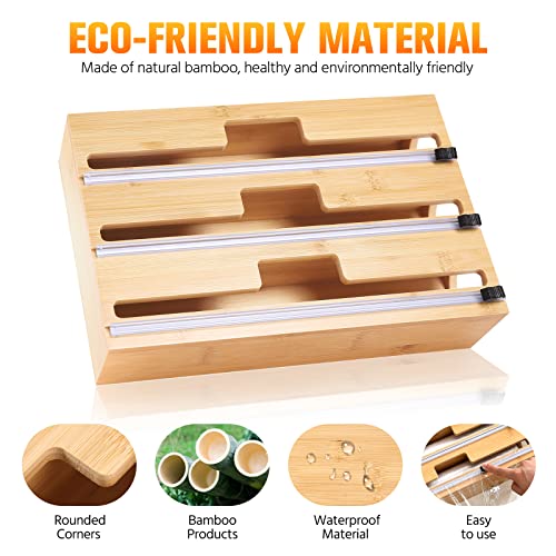 2 in 1 Foil and Plastic Wrap Organizer, Bamboo Packaging Dispenser with Cutter for Kitchen Foil, Plastic Wrap Organizer, Compatible with 12" Rolls