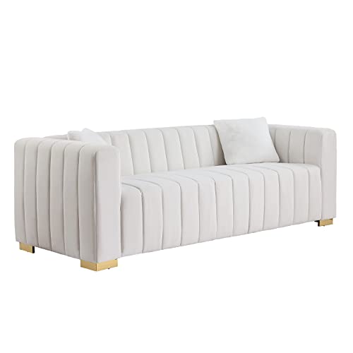 Familymill 87'' Modern Premium Velvet 3-Seater Sofa Couch with Metal Base Legs and 2 Pillows for Living Room/Bedroom, Ivory White