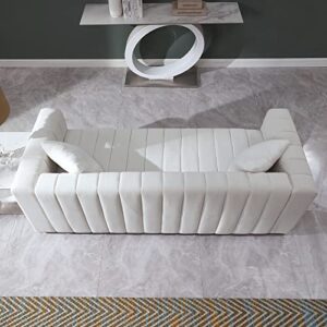 Familymill 87'' Modern Premium Velvet 3-Seater Sofa Couch with Metal Base Legs and 2 Pillows for Living Room/Bedroom, Ivory White