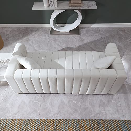 Familymill 87'' Modern Premium Velvet 3-Seater Sofa Couch with Metal Base Legs and 2 Pillows for Living Room/Bedroom, Ivory White